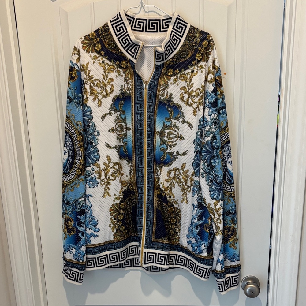 Baroque-Print Blue & White Women's Zip-Front Versace Style Jacket